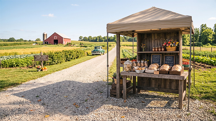 The farm stand seen from Valley Road, sign out front