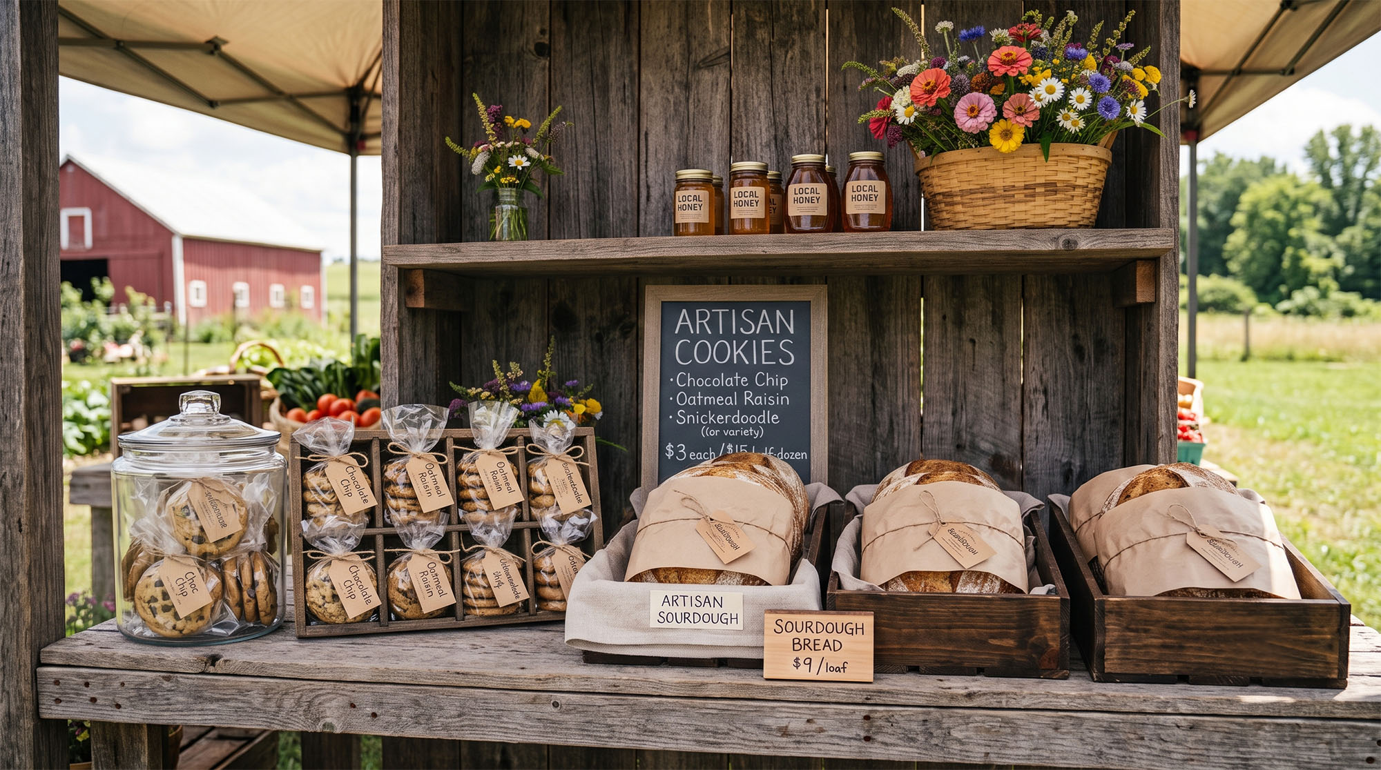 The farm stand table loaded with sourdough, cookies, local honey and cut flowers, with the red barn behind it