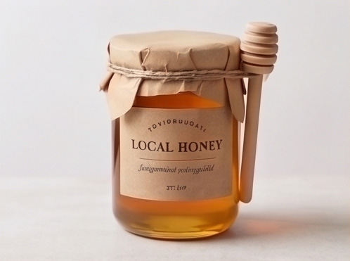 Jars of raw local honey lined up on a wooden shelf